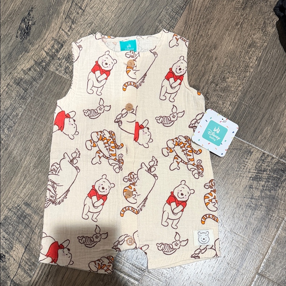 NWT Disney Beige & Red Winnie the Pooh Sleeveless Baby Romper -6M